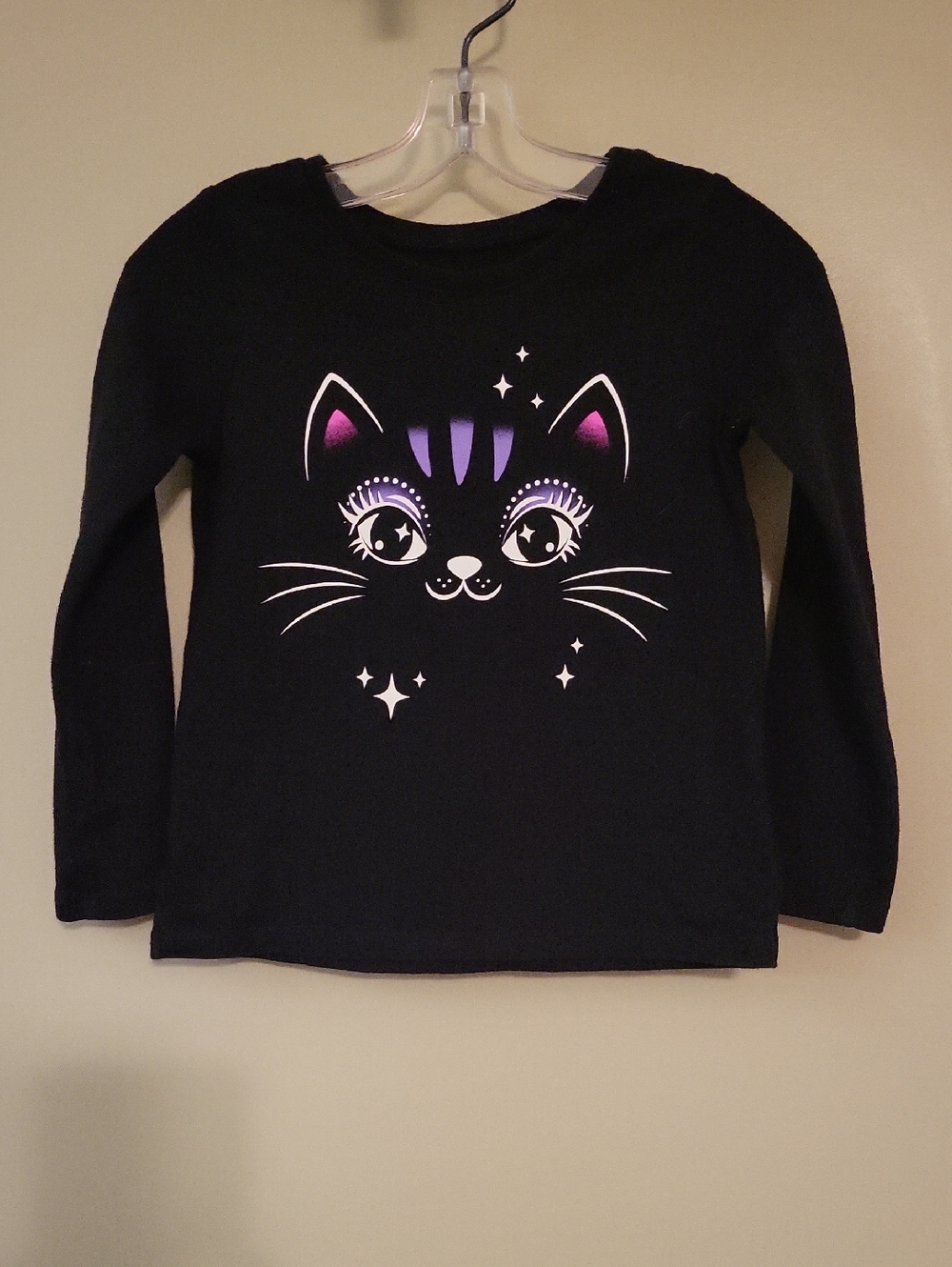 Black long sleeve cat face tee shirt